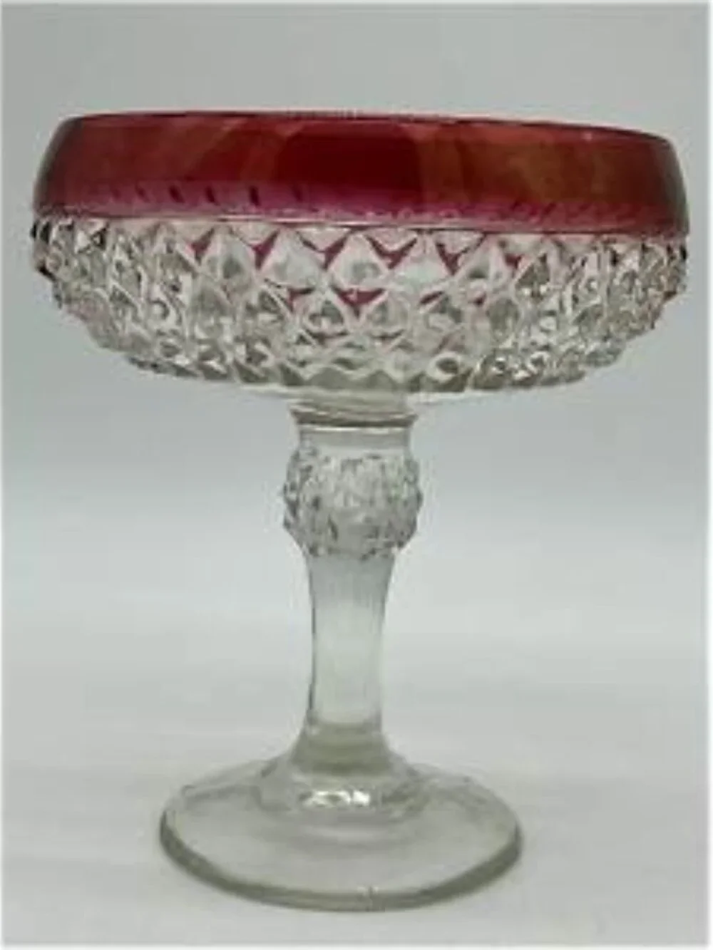 VTG Indiana Glass Clear & Cranberry Diamond Point Pedestal Lidded Candy Dish